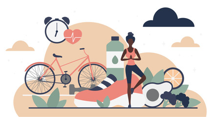 Balanced living concept showing exercise, nutritious food, hydration, and wellness activities for promoting health and fitness goals isolated on white background vector illustration