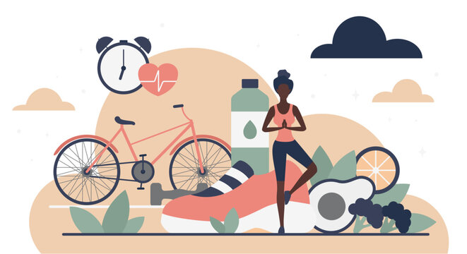 Balanced living concept showing exercise, nutritious food, hydration, and wellness activities for promoting health and fitness goals isolated on white background vector illustration