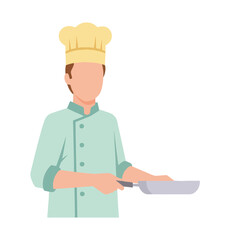An illustration of a chef in a uniform and hat, holding a frying pan, ready to cook a meal.