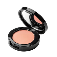 This open black cosmetic compact holding peach beauty powder and a mirror is perfectly isolated on a transparent background, ready for use.