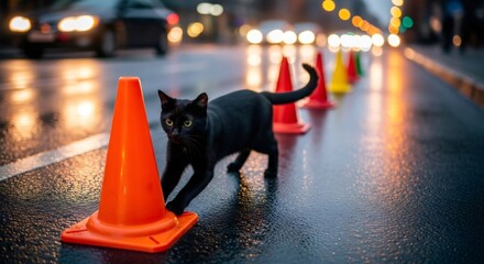 Black cat near traffic cones on wet asphalt street with car lights during city night rain, road safety background.
