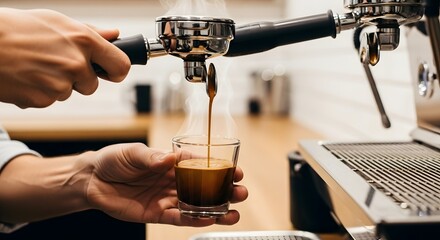 Close-up of a barista pulling a fresh shot of espresso from a professional coffee machine into a glass cup.