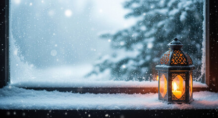 Glowing lantern on snowy windowsill offers warm light for quiet christmas retreat. Snow falls outside creating peaceful and serene winter holiday scene