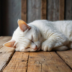 cat is sleeping on the rustic wooden table