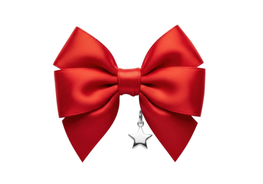 Vibrant red satin bow with reflective sheen and a silver star charm, meticulously tied and isolated on a clean transparent background, professional product photography concept of luxury and elegance