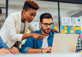 Two colleagues collaborating on a project using a laptop