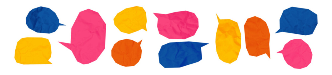 Colored speech bubbles cut out of crumpled paper elements set. Dotted modern retro urban magazine style pop art dialogue balloons. Social media clip art, vector illustration for mixed media design