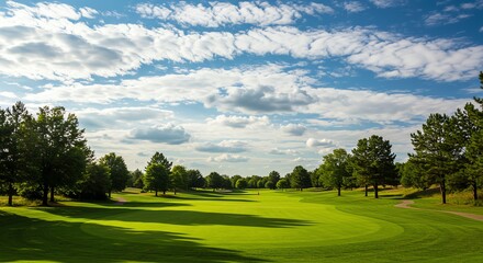 Golf course fairway under cloudy sky