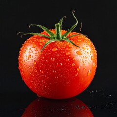 Vibrant red tomato, glistening with water droplets, sits against a dark background, showcasing a rich, juicy, and fresh appearance.