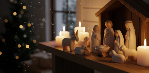 Handcrafted wooden nativity scene with glowing candles evokes serene and quiet atmosphere. holy family is depicted in humble stable setting, with baby Jesus in manger