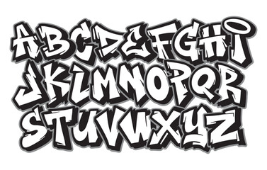 Street alphabet in hip hop graffiti style, hand drawn. Youthful urban atmosphere. Vector graffiti alphabet on white background