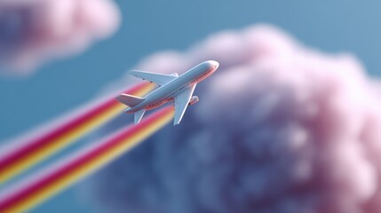 cartoon aeroplane flying through playful clouds with rainbow trails