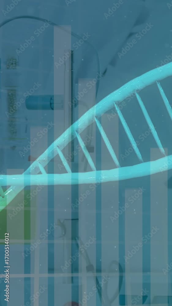 Poster animation of spinning dna strand an data processing over caucasian scientist in laboratory