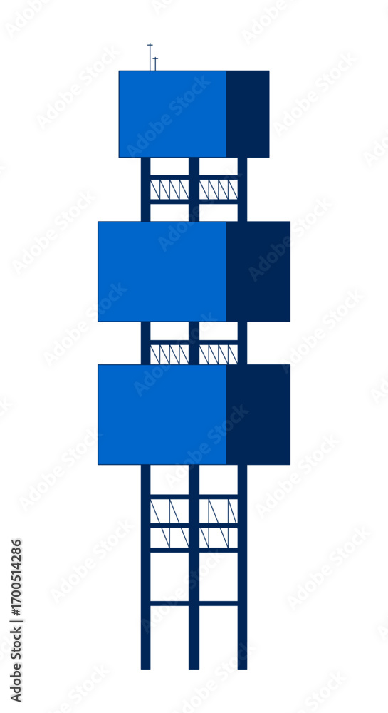 Poster offshore oil rig tower structure 2d cartoon object. modular levels. oilfield equipment with support 