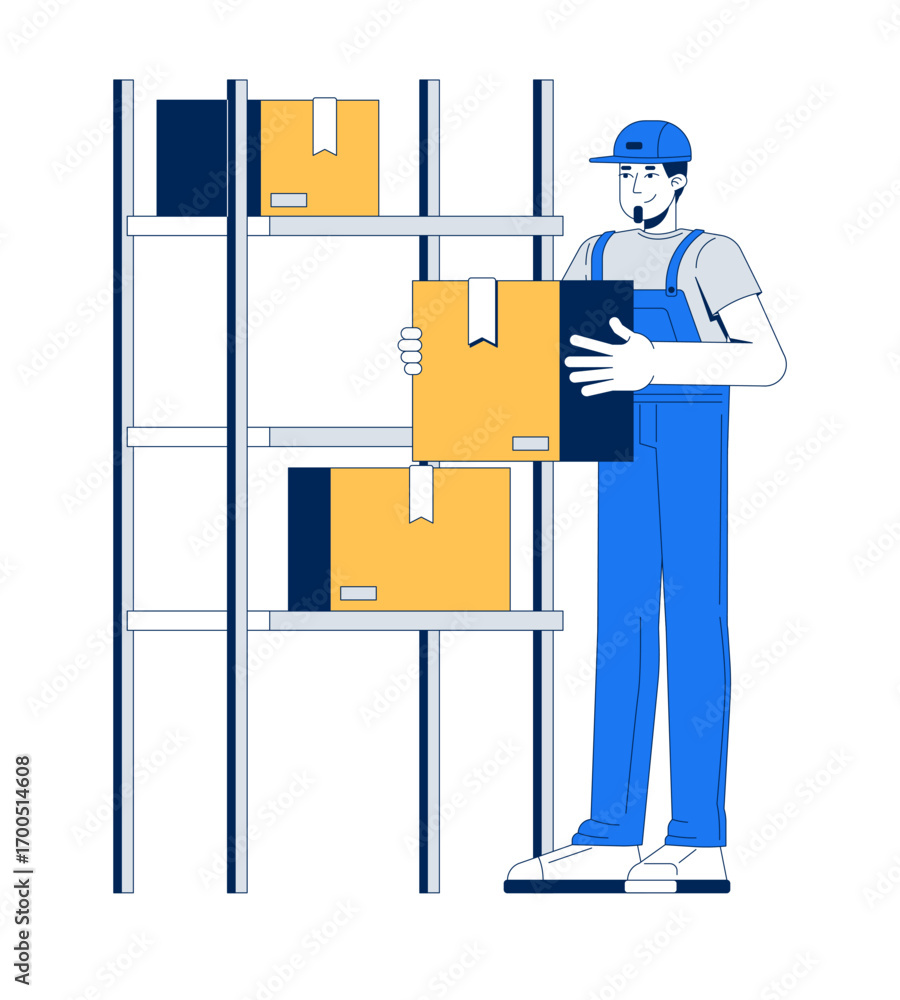 Aufkleber stock availability and restocking 2d vector illustration. inventory management. warehouse worker arr