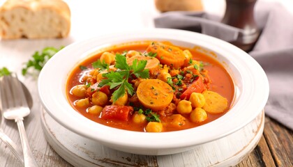 A hearty, colorful dish of chickpeas, vegetables, and sausage in a white bowl, served with a side of bread.