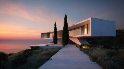 modern white house on a hill at sunset