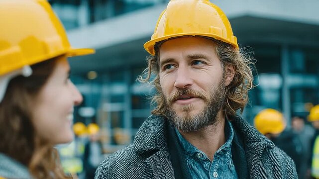 Building Bridges of Expertise: Construction workers stand tall, adorned in protective headgear. they embody hard work and commitment to creating a solid foundation of the future.