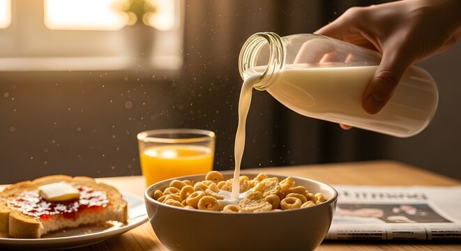 Breakfast scene: Milk pouring into cereal, toast, and orange juice.