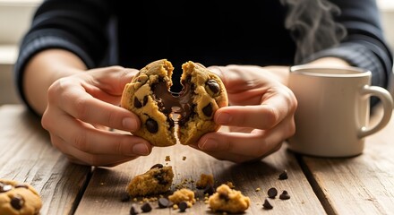 Chocolate chip cookie being broken in half with a cup of coffee.