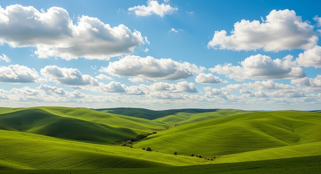 Green rolling hills under blue sky with clouds