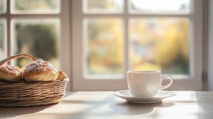 Freshly baked breads and coffee cup on wooden table near window