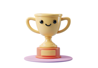 Happy Gold Cartoon Trophy Isolated on Transparent Background 3d Render Illustration