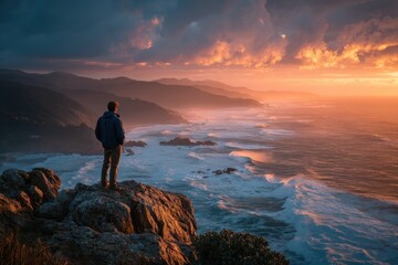 A person stands on a cliff overlooking a dramatic ocean coast at sunset, with vibrant sky