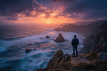 Person overlooks coastal cliffs during a dramatic sunset, waves crash. Colors range from orange to blue