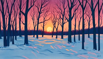 The illustration shows a winter scene with leafless trees and a setting sun casting warm light on the snow-covered ground.