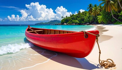 A vibrant red canoe rests on a pristine tropical beach, bathed in sunlight and turquoise water, against a backdrop of lush greenery and a clear sky.