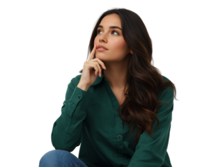 Contemplative young woman looking upward, lost in thought against an isolated transparent surface