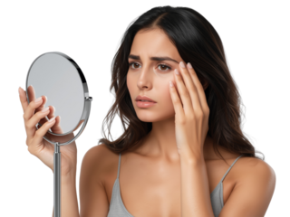 Pensive woman inspecting her skin with a handheld mirror on transparent background