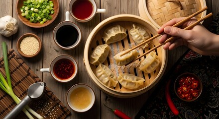 Overhead shot of a bamboo steamer filled with dumplings, surrounded by various sauces and ingredients.