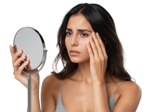 Pensive woman inspecting her skin with a handheld mirror on transparent background