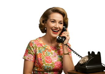 Happy Woman in Floral Dress Talking on Retro Telephone Illustration
