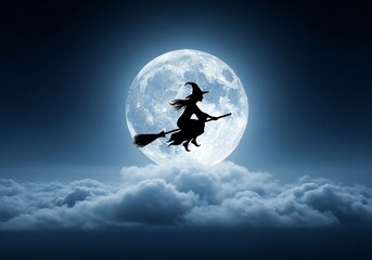 Silhouette of a witch flying on a broomstick against a large full moon