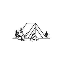 A minimalist line drawing of a person camping with a tent campfire and trees in black and white style