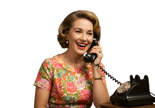 Happy Woman in Floral Dress Talking on Retro Telephone Illustration
