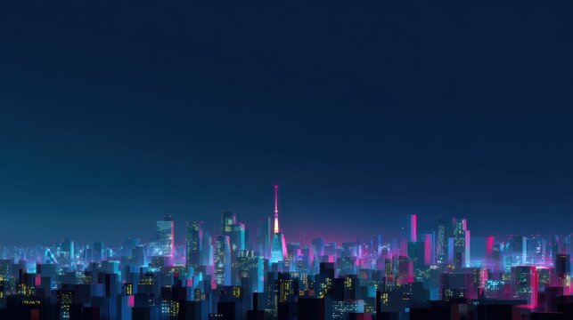 Tokyo cityscape illustration, neon glow, futuristic minimal style