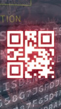 Digital animation of qr code with virus biological cells against arrival departure board