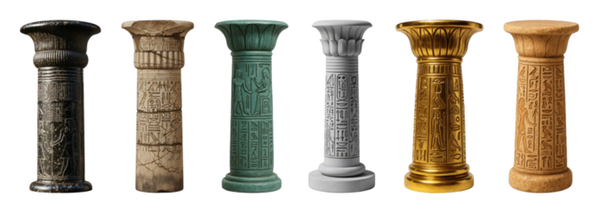 Ancient Egyptian column set including diverse stone and metallic finishes isolated. Historical architecture and ancient civilization design elements.