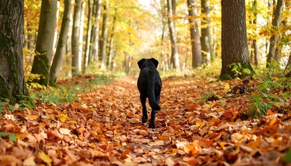 Black dog walking along a leaf-covered path in a serene forest during autumn