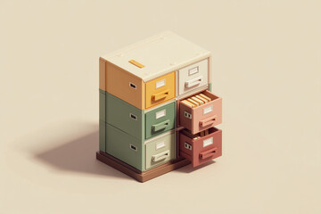 Obraz premium 3d wooden cabinet with pastel drawers and small decor items on top, Cozy interior scene featuring books, plants, and neatly arranged storage. 