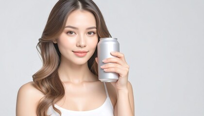 Woman holding a can against a plain background