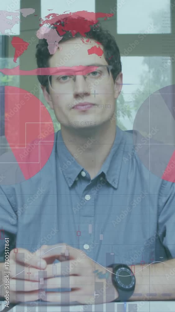Poster statistical data processing against portrait of caucasian man talking looking at camera at office