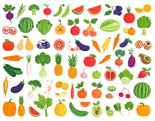 Obraz premium Colorful collection of various fruits and vegetables displayed in a flat design style.