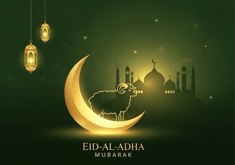 Golden crescent moon and mosque silhouette for eid al adha celebration