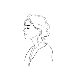 A simple line drawing of a woman with her eyes closed and wavy hair in a side profile on a white background