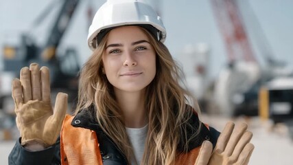 A smiling female engineer wearing a safety helmet turns to survey a construction site. - Powered by Adobe